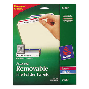 Avery 6466 Removable File Folder Labels, Inkjet/Laser, 2/3 x 3 7/16, Assorted, 750/Pack by AVERY-DENNISON