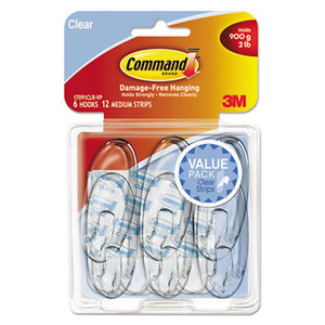 Clear Hooks & Strips, Plastic, Medium, 6 Hooks & 12 Strips/Pack by 3M/COMMERCIAL TAPE DIV.