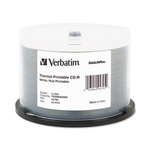 Printable CD-R Discs, 700MB/80min, 52x, Spindle, White, 50/Pack by VERBATIM CORPORATION