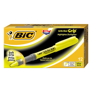 BIC GBL11YW Brite Liner Grip Highlighter, Chisel Tip, Fluorescent Yellow Ink, Dozen by BIC CORP.