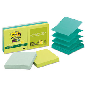 Pop-up Recycled Notes in Bora Bora Colors, 3 x 3, 90/Pad, 6 Pads/Pack by 3M/COMMERCIAL TAPE DIV.
