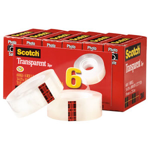 3M 600K6 Transparent Tape, 3/4" x 1000", 1" Core, Clear, 6/Pack by 3M/COMMERCIAL TAPE DIV.