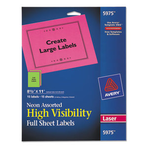 Avery 5975 High Visibility Rectangle Laser Labels, 8 1/2 x 11, Assorted Neons, 15/Pack by AVERY-DENNISON