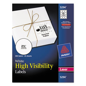 Avery 5294 High Visibility Round Laser Labels, 2 1/2" dia, White, 300/Pack by AVERY-DENNISON