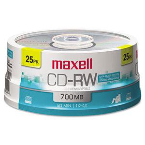 Maxell 630026 CD-RW Discs, 700MB/80min, 4x, Spindle, Silver, 25/Pack by MAXELL CORP. OF AMERICA
