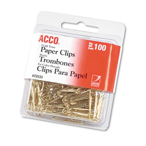 Paper Clips, Wire, No. 2, 1-1/8", Gold Tone, 100/Box by ACCO BRANDS, INC.