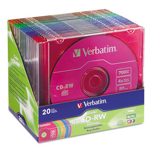 CD-RW Discs, 700MB/80min, 4X, Slim Jewel Case, Assorted Colors, 20/Pack by VERBATIM CORPORATION