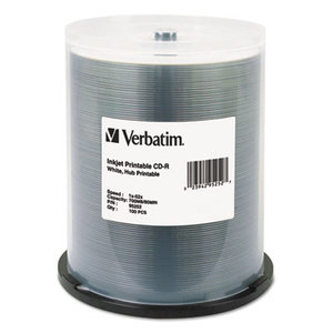 Verbatim America, LLC 95252 Hub IJ Printable CD-R Discs, 700MB/80min, 52x, Spindle, White, 100/Pack by VERBATIM CORPORATION