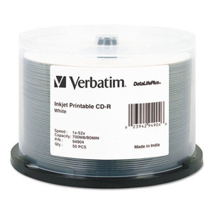 CD-R Discs, Printable, 700MB/80min, 52x, Spindle, White, 50/Pack by VERBATIM CORPORATION