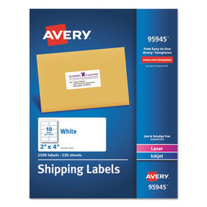 Avery 7278295945 White Shipping Labels, Laser/Inkjet, 2 x 4, White, 2500/Box by AVERY-DENNISON