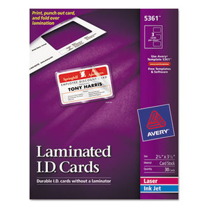 Avery 5361 Laminated Laser/Inkjet ID Cards, 2 1/4 x 3 1/2, White, 30/Box by AVERY-DENNISON