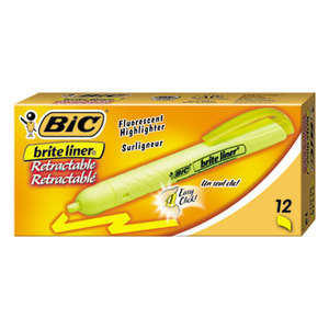 BIC BLR11-YW Brite Liner Retractable Highlighter, Chisel Tip, Fluorescent Yellow, 12/Pk by BIC CORP.