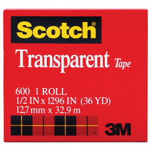 3M 600121296 Transparent Tape, 1/2" x 1296", 1" Core, Clear by 3M/COMMERCIAL TAPE DIV.