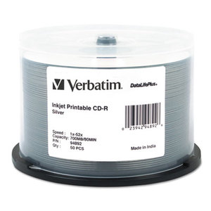 Verbatim America, LLC 94892 CD-R Discs, Printable, 700MB/80min, 52x, Spindle, Silver, 50/Pack by VERBATIM CORPORATION