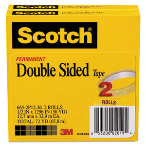 665 Double-Sided Tape, 1/2" x 1296", 3" Core, Transparent, 2/Pack by 3M/COMMERCIAL TAPE DIV.