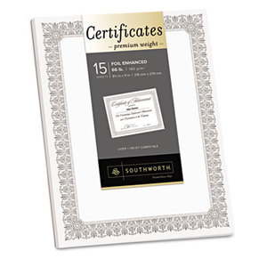 Premium Certificates, White, Fleur Silver Foil Border, 66 lb, 8.5 x 11, 15/Pack by SOUTHWORTH CO.