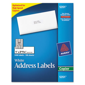 Avery 5351 Copier Mailing Labels, 1 x 2 13/16, White, 3300/Box by AVERY-DENNISON