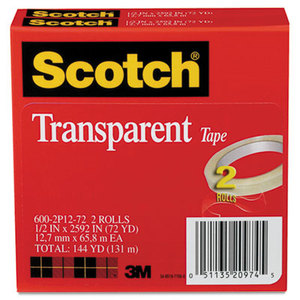 3M 600-2P12-72 Transparent Tape 600 2P12 72, 1/2" x 2592", 3" Core, Transparent, 2/Pack by 3M/COMMERCIAL TAPE DIV.