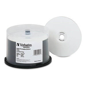 Inkjet Printable DVD-R Discs, 4.7GB, 8x, Spindle, White, 50/Pack by VERBATIM CORPORATION