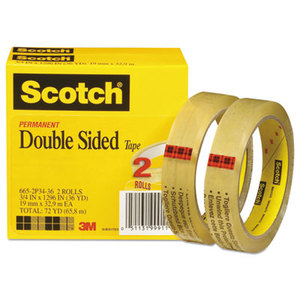 Double-Sided Tape, 3/4" x 1296", 3" Core, Transparent, 2/Pack by 3M/COMMERCIAL TAPE DIV.