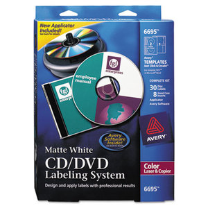 CD/DVD Design Labeling Kits, Matte White, 30 Laser Labels and 8 Inserts by AVERY-DENNISON