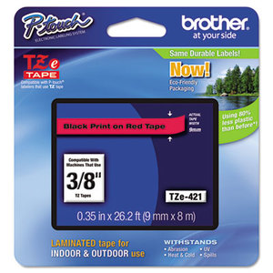 Brother Industries, Ltd TZE421 TZe Standard Adhesive Laminated Labeling Tape, 3/8w, Black on Red by BROTHER INTL. CORP.