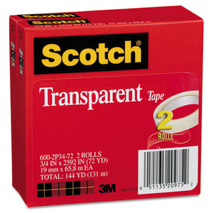 3M 600-2P34-72 Transparent Tape 600 2P34 72, 3/4" x 2592", 3" Core, Transparent, 2/Pack by 3M/COMMERCIAL TAPE DIV.