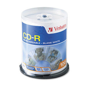 CD-R Discs, 700MB/80min, 52x, Spindle, White, 100/Pack by VERBATIM CORPORATION