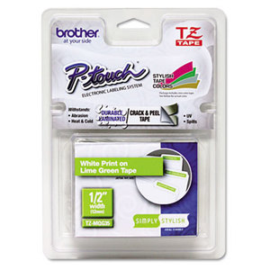 Brother Industries, Ltd TZMQG35 TZ Standard Adhesive Laminated Labeling Tape, 1/2" x 16.4 ft., White/Lime Green by BROTHER INTL. CORP.