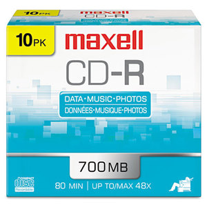 Maxell 648210 CD-R Discs, 700MB/80min, 48x, w/Slim Jewel Cases, Silver, 10/Pack by MAXELL CORP. OF AMERICA